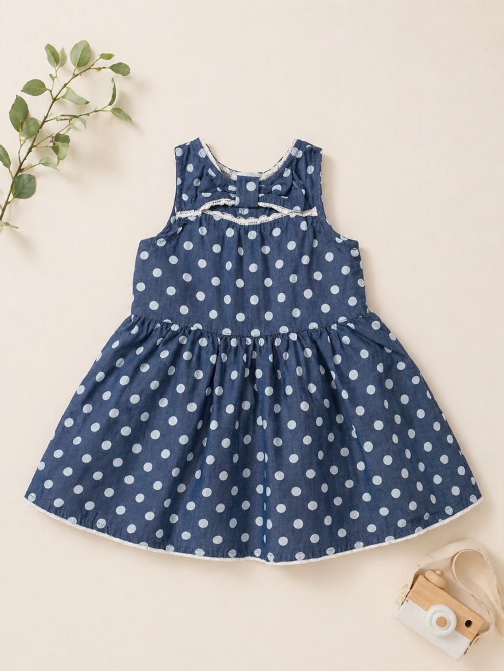 Denim Polka Dot 100% Cotton Sleeveless Dress 18 Months